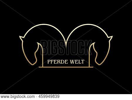 Horse\'s Heads Is Drawn With Gold Line On Black Background. Pferde Welt. Linear Logo. Vector Illustr