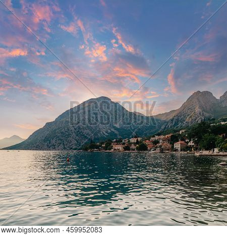 Sunset, Beautiful Landscape With Silhouettes Of Trees. Travel Concept. Montenegro, Kotor Bay. Sunset