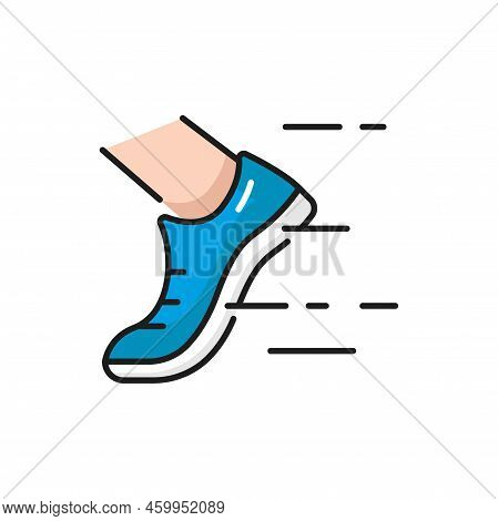 Running Man Or Woman Shoes Isolated Outline Icon. Vector Fast Runner In Training Sneakers, Workout A