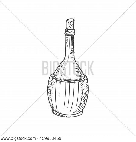 Wine Or Champagne Bottle In Retro Wooden Holder Isolated Sketch. Vector Alcohol Drinks Bucket Cooler