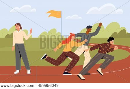 Concept Of Giving Up Career Race. Female Entrepreneur Refusing At Beginning Of Path To Success And R