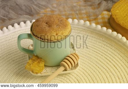 Vanilla Mugcake With Honey. Cupcake In A Mug, Microwaved. Dessert For Breakfast