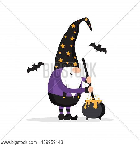 Halloween Gnome. Cute Scandinavian Dwarf With Pot Of Potion. Dwarf Celebrate Spooky Night. Happy Hol