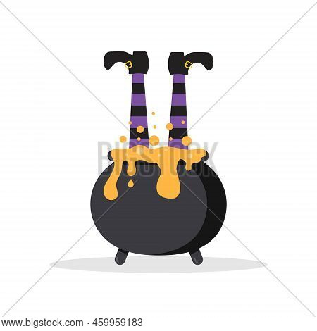 Gnome Legs In Magic Cauldron With Orange Bubbling Potion. Halloween Festive Background For Spooky Ni