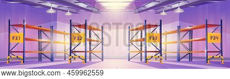 Empty Warehouse Interior With Metal Racks. Storage Room In Factory, Supermarket Or Distribution Hang
