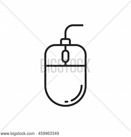 Simple Computer Mouse With Cord Isolated Monochrome Icon. Vector Handheld Pointing Device That Detec