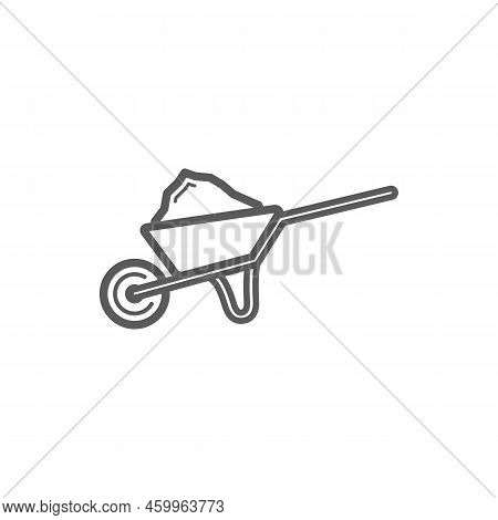 Wheelbarrow With Sand Isolated Outline Icon. Vector Metal Cart With Soil, Gardening Equipment. Metal