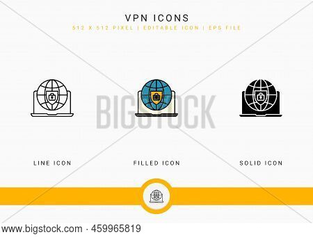 Vpn Icons Set Vector Illustration With Solid Icon Line Style. Secure Server Concept. Editable Stroke