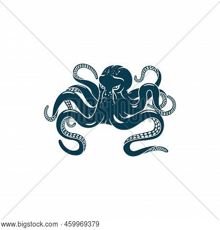 Marine Animal Octopus Isolated Eight-limb Mollusk Monochrome Icon. Vector Underwater Soft-bodied Cre