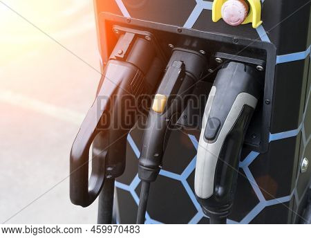 Charging Station For Electric Cars. Types And Connectors Of Ports For Charging Vehicles.
