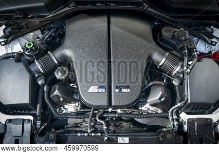 Berlin, Germany - August 14, 2022: Bmw Engine. Modern V10 Engine In A German Premium Sports Car. Aut