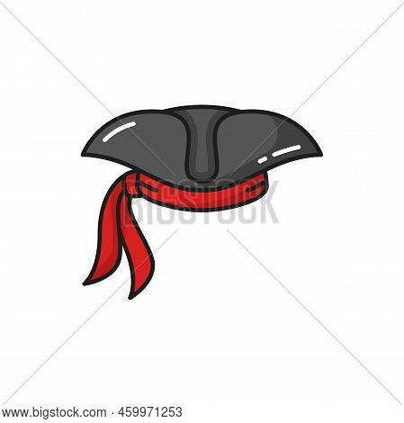 Pirate Black Hat With Red Bandana, Captain Headwear Isolated Sailor Cap Outline Icon. Vector Robber 
