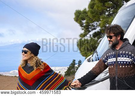 Active Traveler Man And Woman Couple Enjoy Destination Together Holding Hands And Smiling. Travel Pe