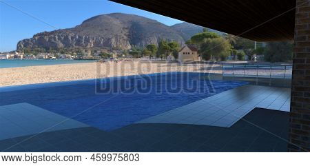 View Of The Ocean Beach And Mountain Peninsula. Rooftop Pool. Floor Tiles. Fence Glass And Aluminum.