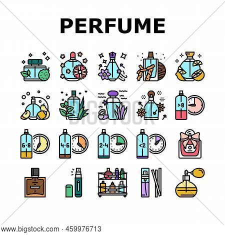 Perfumery Glass Luxury Cosmetic Icons Set Vector. Perfume Woman Beauty, Aroma Product, Scent Water, 