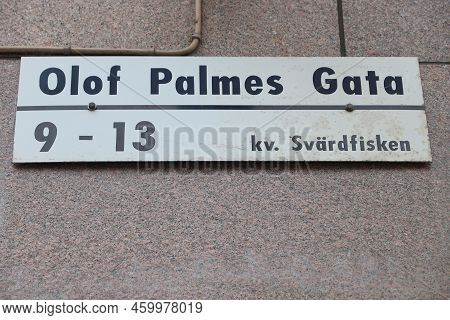 Stockholm City Landmarks In Sweden. Olof Palmes Gata Street Name Sign.