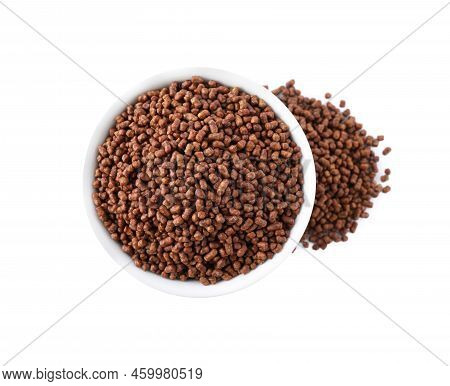 Bowl With Buckwheat Tea Granules On White Background, Top View