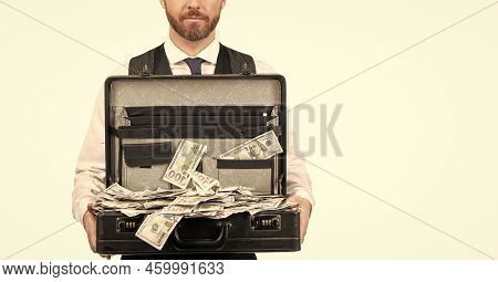 Cropped Businessman With Money Cafe Isolated On White Background, Copy Space, Corruption