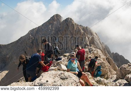 Corno Grande, Italy - August 6, 2022: Panoramic View Of The Summit Of Corno Grande In The Gran Sasso