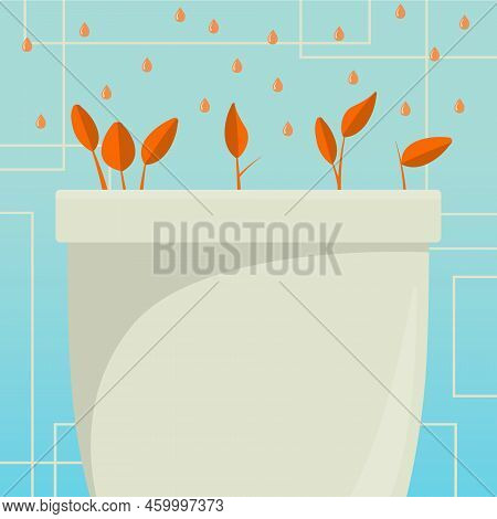 Flower Vase With Herbs Watered By Drops From Top. Liquid Being Poured Over Large Plant Pot. Fresh Gr