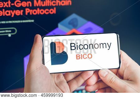 Moscow Russia 25.12.2021 Logo Of Biconomy Coin In Mobile Phone. Cryptocurrency Bico Token. Trading B