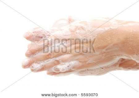 มือหญิงในแยกต่างหากบนพื้นสีขาว Soapsuds