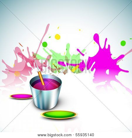 Indian festival Happy Holi celebration concept, bucket with full of colors, pichkari on colors splash background. 