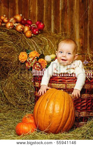 Girl And Halloween Pumpkins