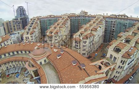 MOSCOW, RUSSIA - NOV 14, 2013: (view from unmanned quadrocopter) Part of Residential complex Italian Quarter under construction at cloudy day. Complex Italian Quarter is 2 kilometers from Kremlin.