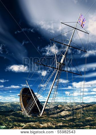 Sinking pirate brigantine on stormy seas