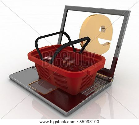 Basket of visit of shop with e-commerce sign in a notebook. Concept of purchases of commodities in the Internet in the whole world. 3d illustration.
