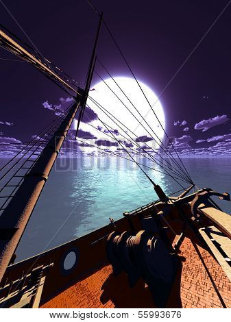 .Pirate brigantine out on sea