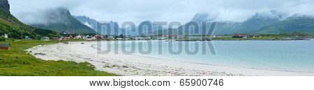 Ramberg Beach Summer Cloudy Panorama (norway, Lofoten).
