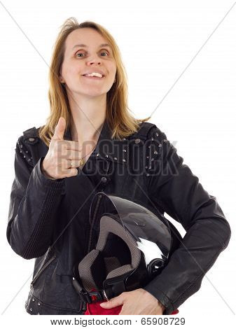 Female Motorcyclist Showing Thumb Up