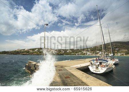 ANDROS, GREECE - APR 28, 2014: Marina of Andros, is the northernmost island of the Greek Cyclades archipelago in the Aegean Sea - area is 380 km2, 40 km long, and its greatest breadth is 16 km.