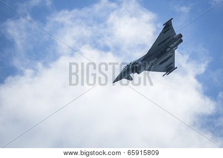 BERLIN, GERMANY - MAY 20, 2014: Multirole twin-engine fighter Eurofighter Typhoon (Germany), demonstration during the International Aerospace Exhibition ILA Berlin Air Show-2014.