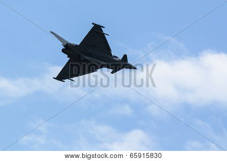 BERLIN, GERMANY - MAY 20, 2014: Multirole twin-engine fighter Eurofighter Typhoon (Germany), demonstration during the International Aerospace Exhibition ILA Berlin Air Show-2014.