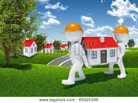 Two 3d human carry small white house