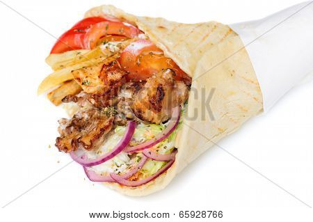 greek gyros stuffed with meat, salad, onion, tomato and potato