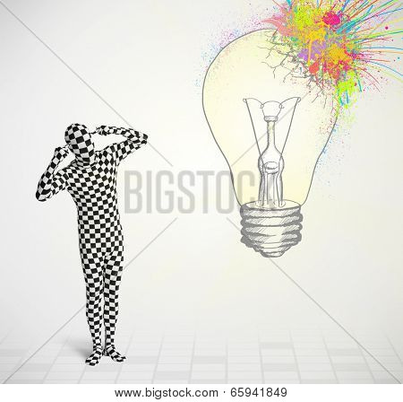 3d human character is body suit morphsuit looking at abstract colorful lightbulb