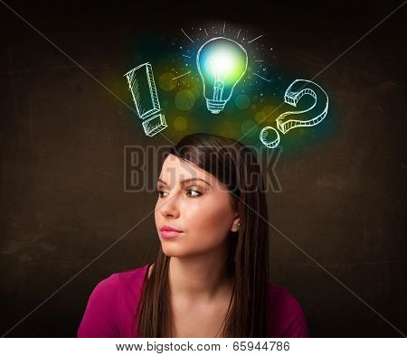 Young preety teenager with hand drawn light bulb illustration
