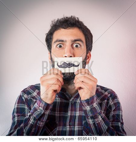 man with fake paper moustaches