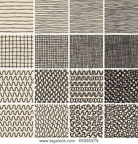 Basic Doodle Seamless Pattern Set No.1 In Black And White