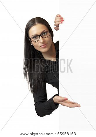 Smiling Beautiful Business Woman Showing Blank Signboard, Isolated On White Background