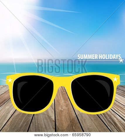 Summer holiday background. Sunglassess on wood terrace. Vector illustration.