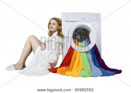 Beauty Young Girl And Washing Machine With Colorful Things To Wash, Isolated