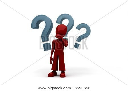 hombre 3D con 3 grandes signos de interrogación detrás de él