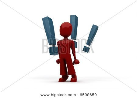hombre 3D con 3 grandes marca del exclamation detrás de él
