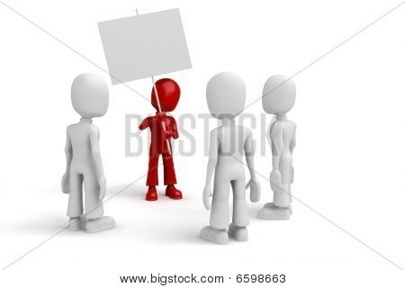 hombre 3d rojo protestando y sosteniendo un cartel