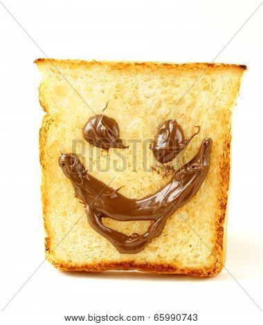funny toast bread with chocolate smile on white background